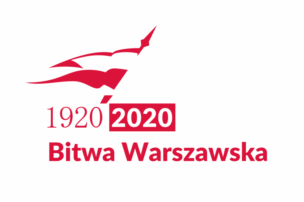 Biało czerwony proporzec. Poniżej tekst: 1920 2020 Bitwa Warszawska