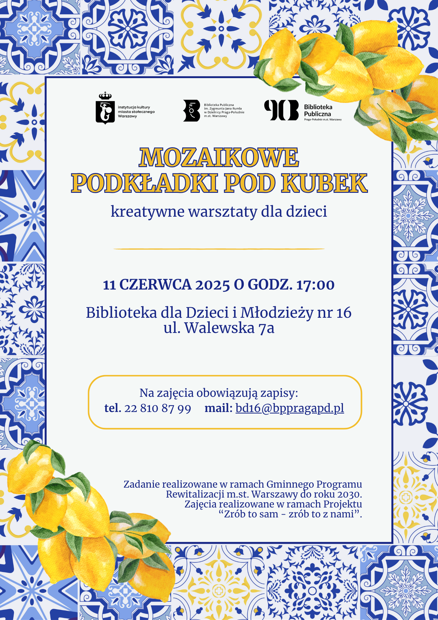 "Mozaikowe podkładki pod kubek" - warsztaty w Bibliotece na Walewskiej 11 czerwca, godz. 17:00